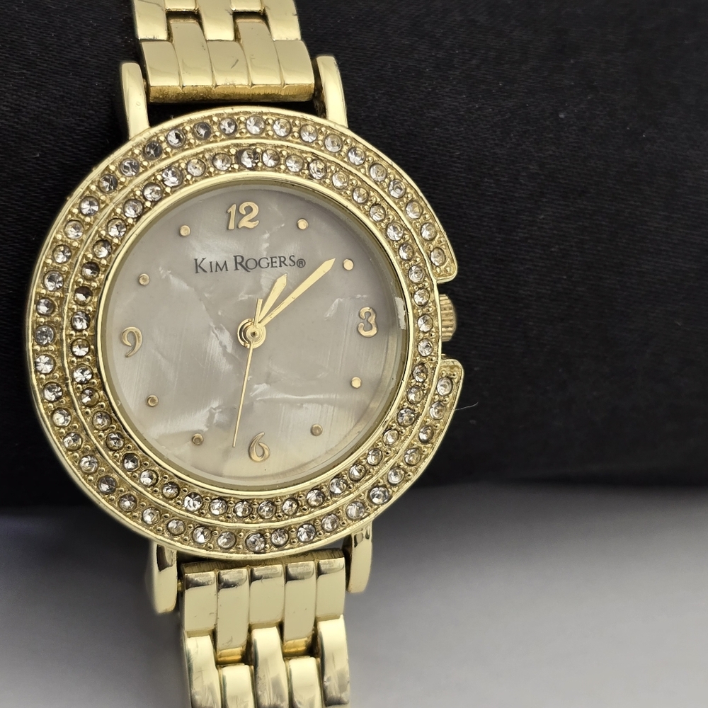 KIM ROGERS Gold Link Bracelet Watch Round Case Pave Bezel Analog Needs Battery